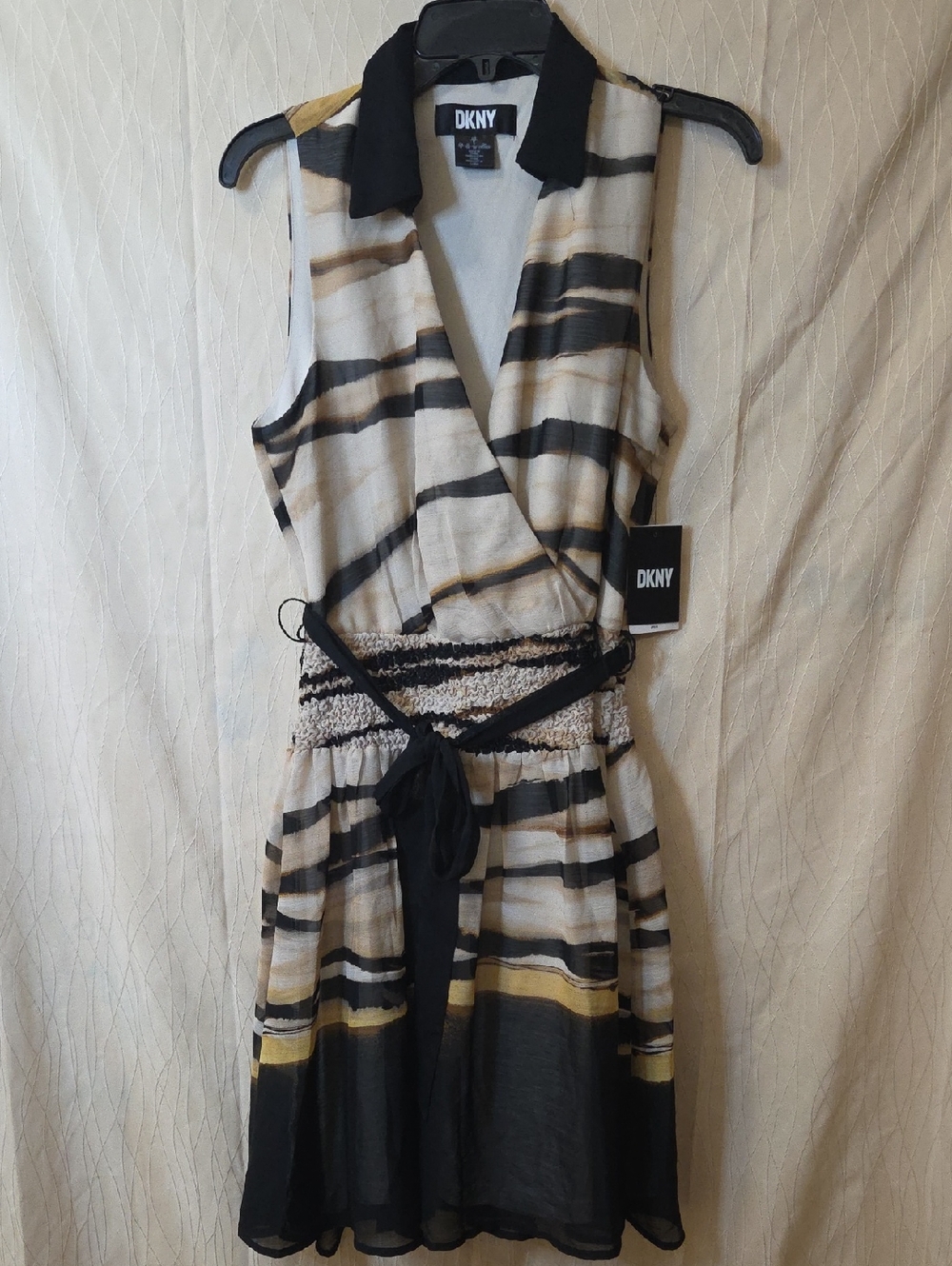 DKNY Striped Sleeveless Wrap Dress in Black, Cream & Tan